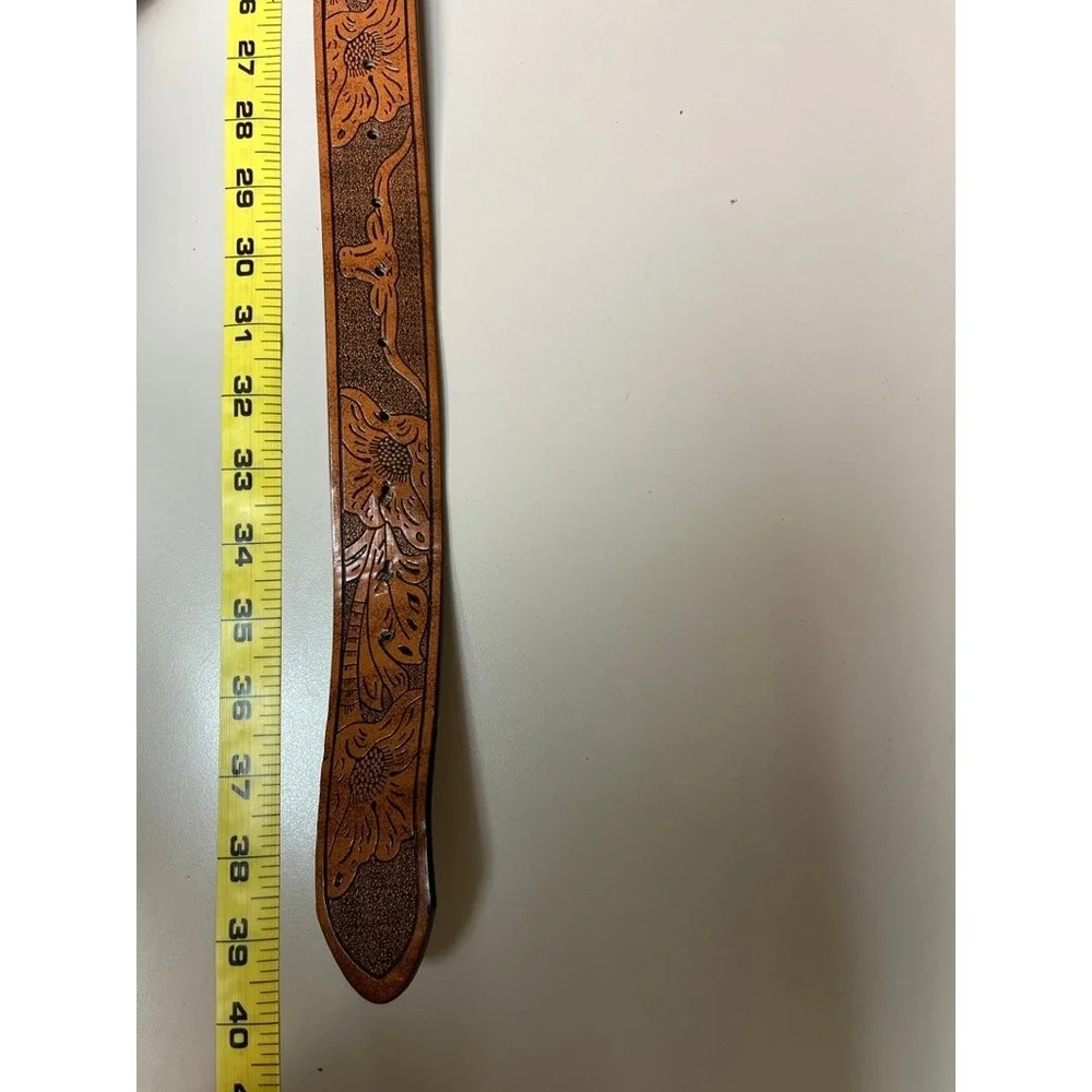 Western Floral Tooled Leather Belt Longhorn Steer Tan Brown Snap On No Buckle